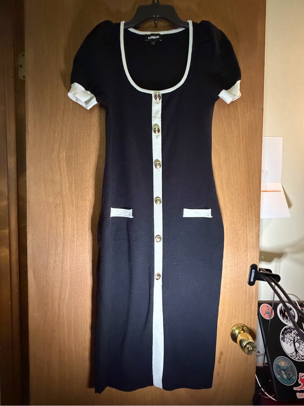 Express Black Knit Button-Front Midi Dress with White Trim size medium